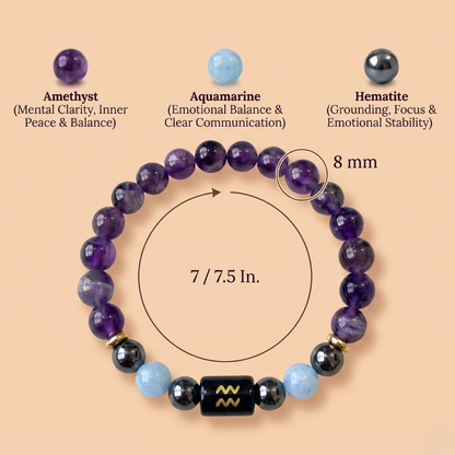 Aquarius (कुंभ राशि) Zodiac Amethyst, Aquamarine & Hematite Bracelet