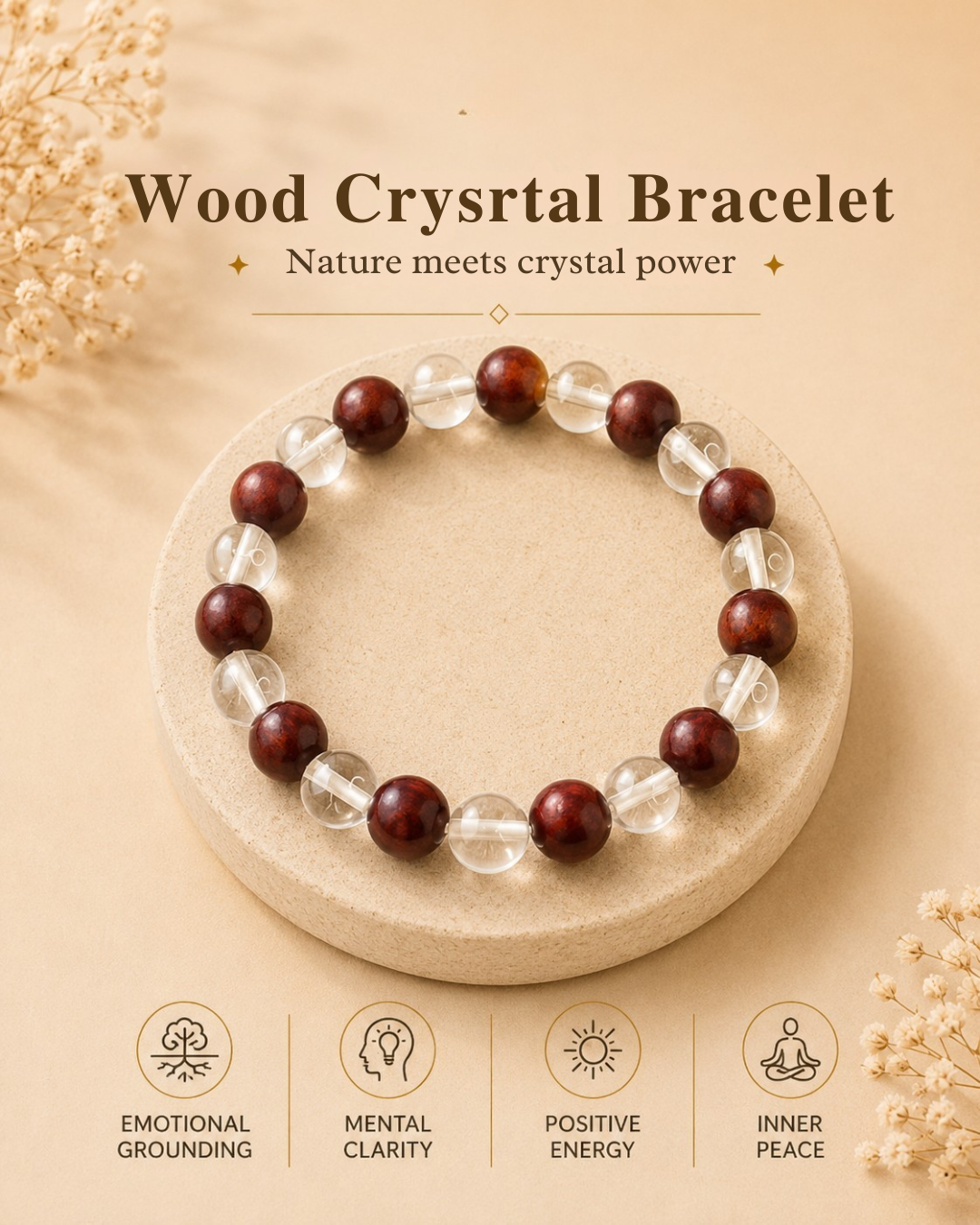NATURAL WOOD & CLEAR QUARTZ BRACELET (GROUNDING & CLARITY)