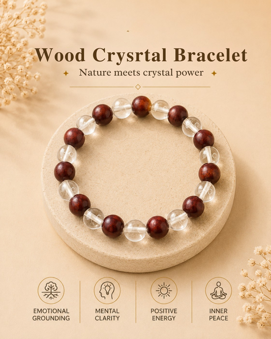 NATURAL WOOD & CLEAR QUARTZ BRACELET (GROUNDING & CLARITY)
