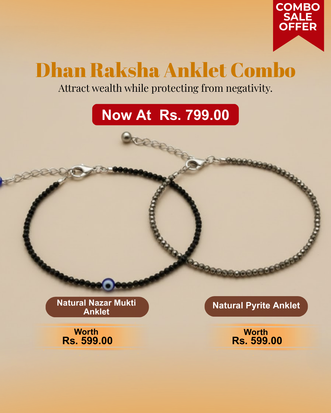 Dhan Raksha Anklet Combo – (Natural Nazar Mukti Anklet & Natural Pyrite Anklet)