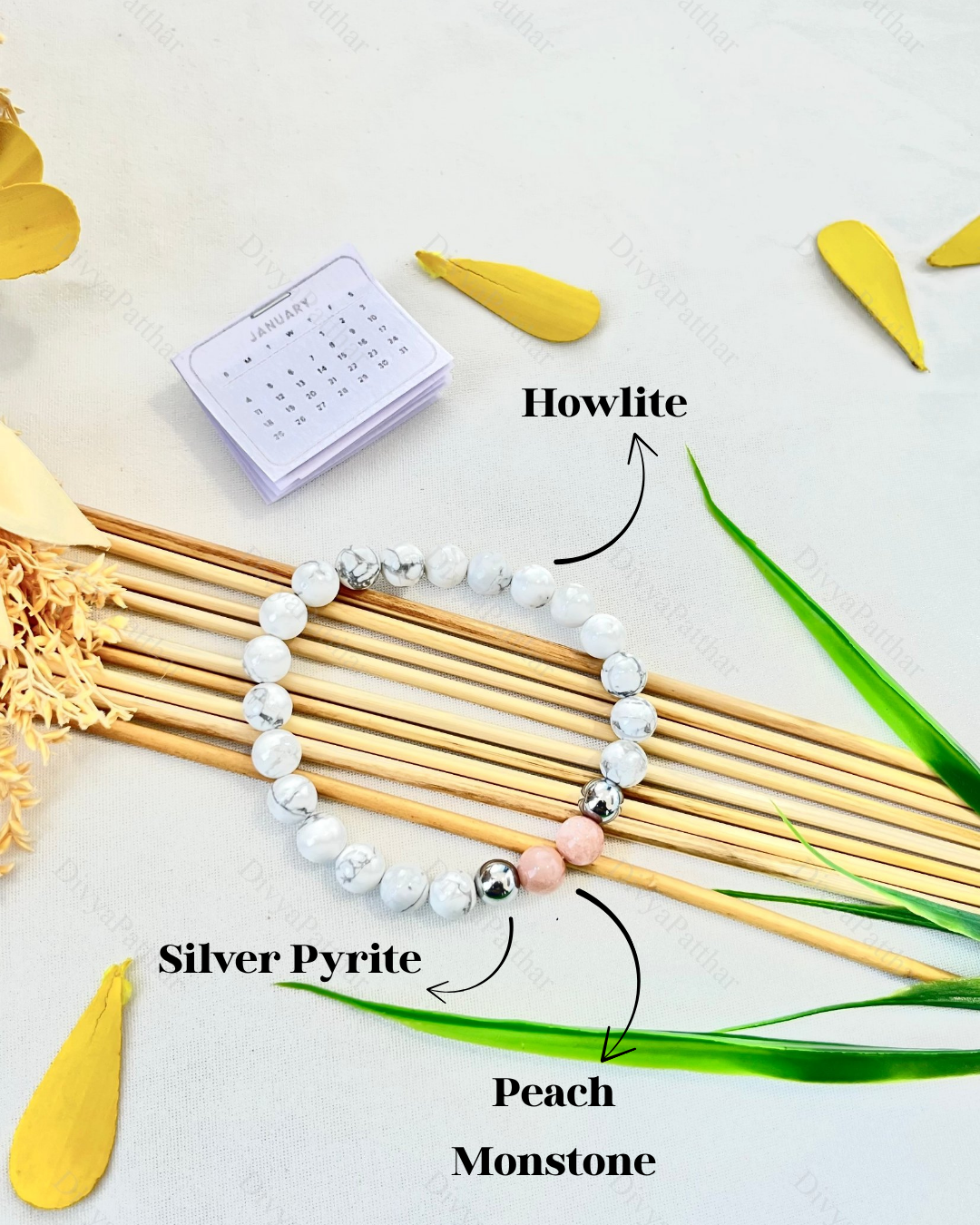 PERSONAL YEAR 2 BRACELET (Howlite • Peach Moonstone • Silver Pyrite)