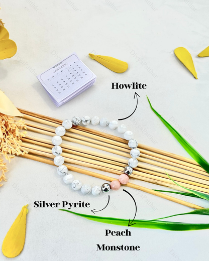 PERSONAL YEAR 2 BRACELET (Howlite • Peach Moonstone • Silver Pyrite)