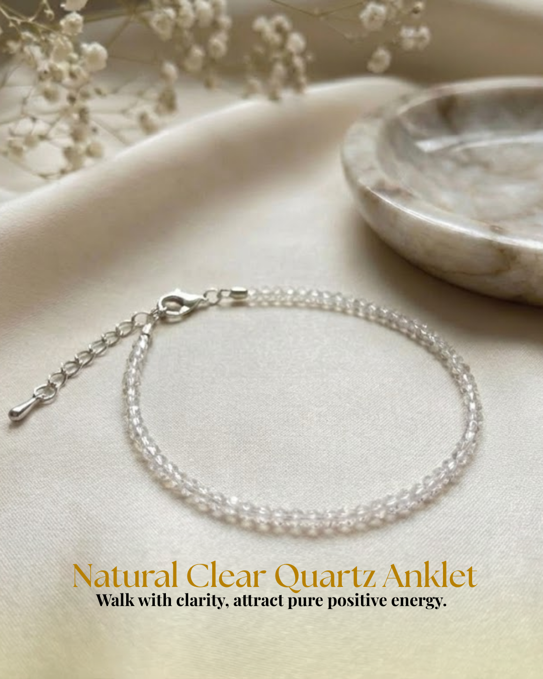 Natural Clear Quartz Anklet (Energy Cleansing, Clarity & Stylish Aura Purification)