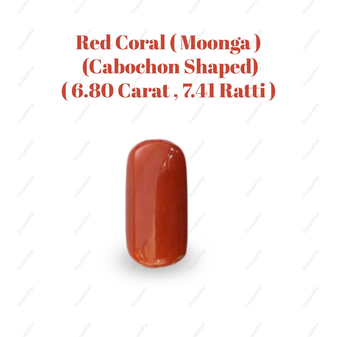 Natural Red Coral (Moonga) Gemstone – Cabochon Shape (6.80 Carat | 7.41 Ratti | 14.7 × 7.4 × 7.1 mm)