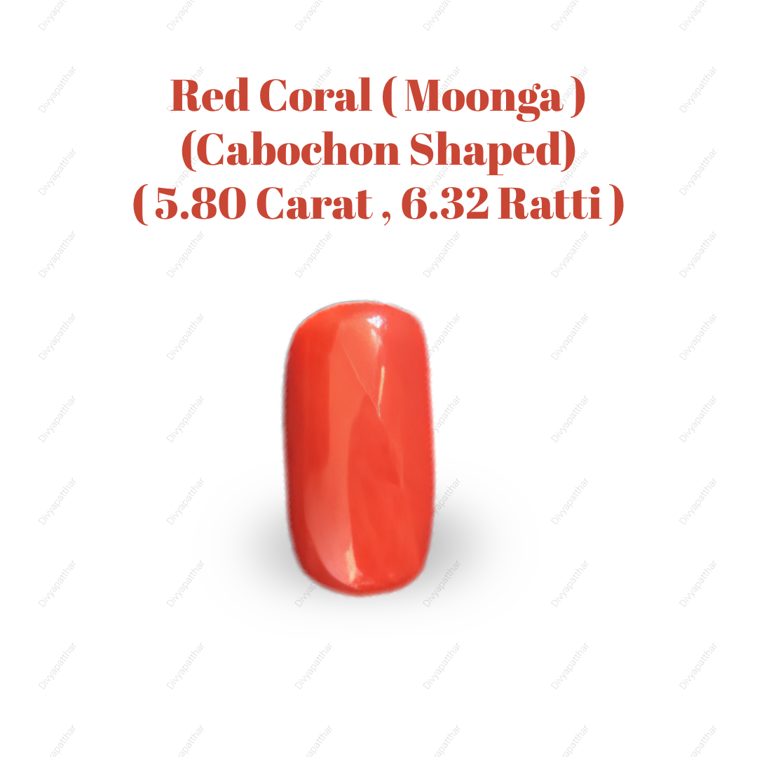 Natural Red Coral (Moonga) Gemstone – Cabochon Shape (5.80 Carat | 6.32 Ratti | 15.1 × 7.9 × 6.0 mm)
