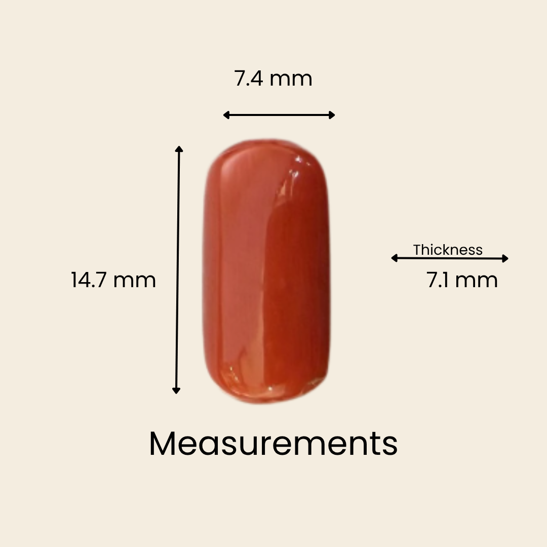 Natural Red Coral (Moonga) Gemstone – Cabochon Shape (6.80 Carat | 7.41 Ratti | 14.7 × 7.4 × 7.1 mm)