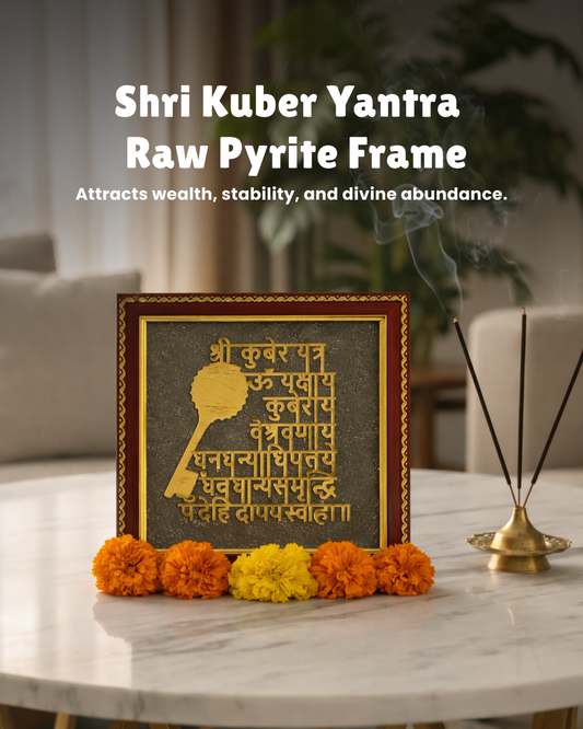 Shri Kuber Yantra on Raw Pyrite Frame (Wealth, Stability & Divine Abundance)