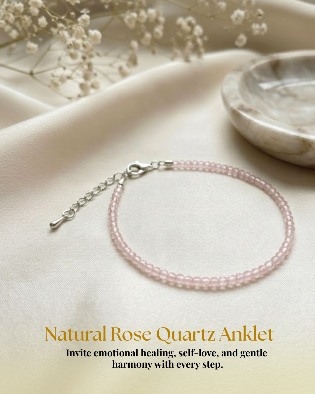 Natural Rose Quartz Anklet (Love, Emotional Healing & Elegant Fashion Charm)