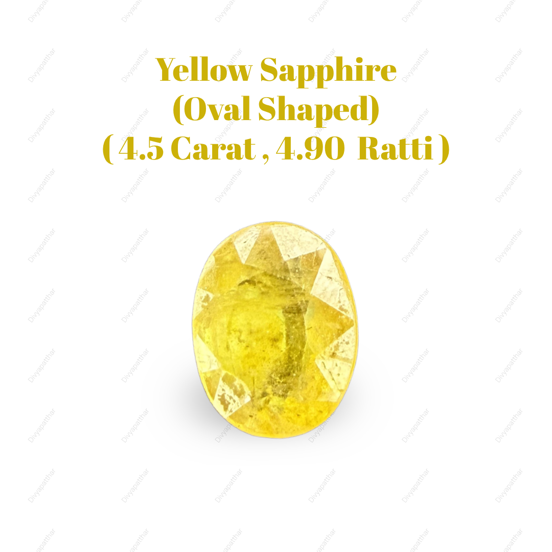 Natural Yellow Sapphire (Pukhraj) Gemstone – Oval Shape (4.50 Carat | 4.90 Ratti | 11.2 × 8.9 × 5 mm)
