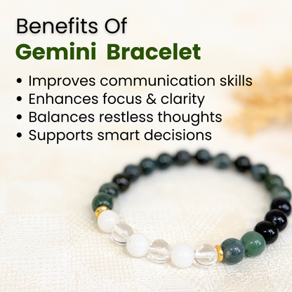 Gemini (मिथुन राशि) Zodiac Green Moss, Milky Quartz & Clear Quartz Bracelet