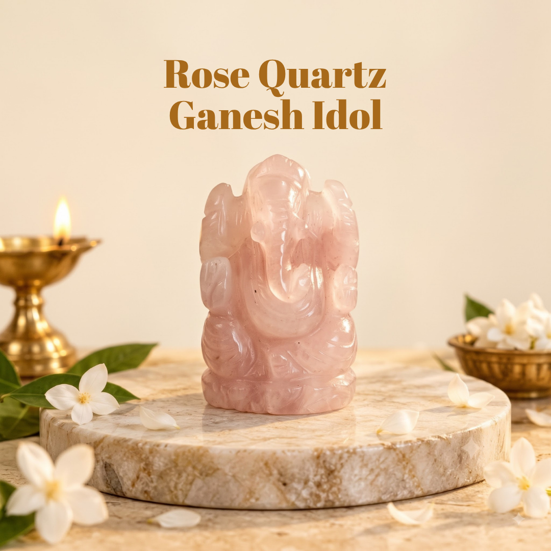 Natural Rose Quartz Ganesh Idol (87.34 Gram | LBH: 6 × 3 × 3.6 cm)