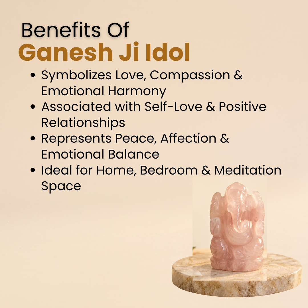 Natural Rose Quartz Ganesh Idol (87.34 Gram | LBH: 6 × 3 × 3.6 cm)