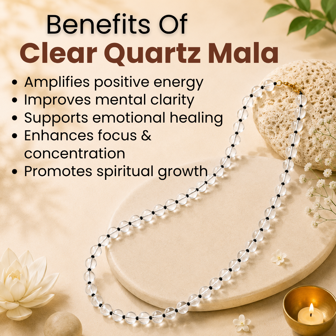 Clear Quartz (Sphatik) Mala – Clarity, Healing & Positive Energy