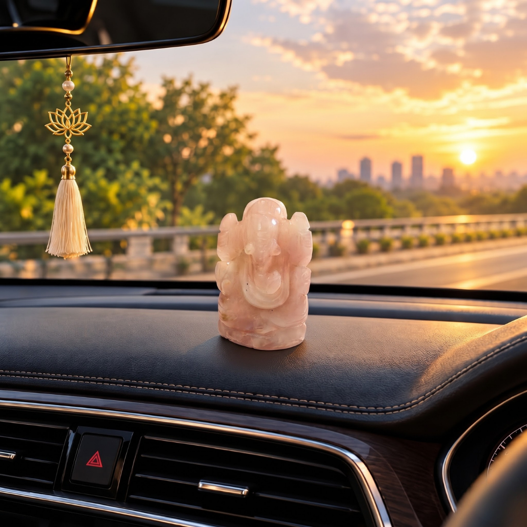 Natural Rose Quartz Ganesh Idol (87.34 Gram | LBH: 6 × 3 × 3.6 cm)