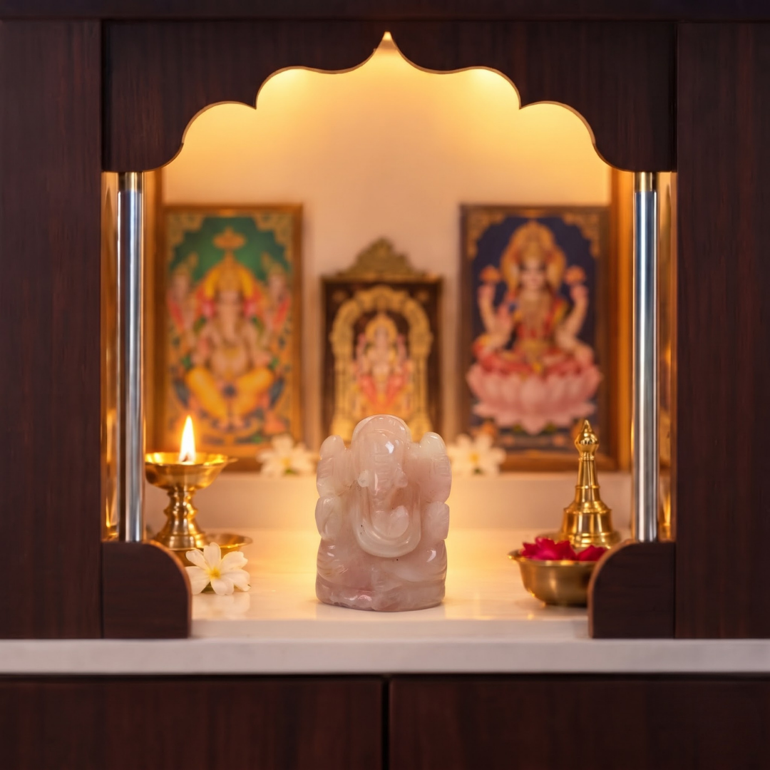Natural Rose Quartz Ganesh Idol (87.34 Gram | LBH: 6 × 3 × 3.6 cm)