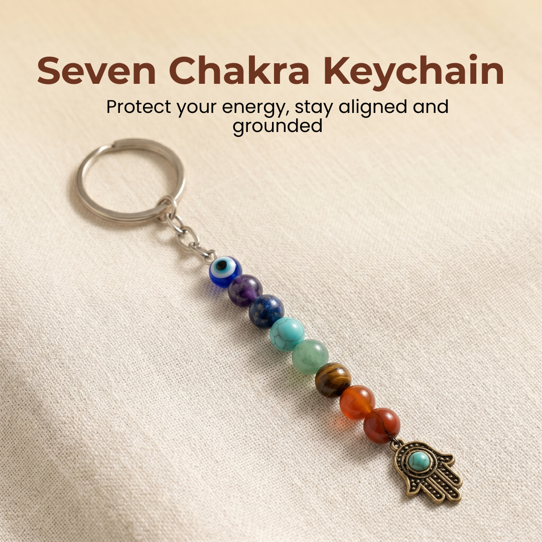 Seven Chakra Crystal Keychain with Hamsa Hand– Protection, Balance & Positive Energy