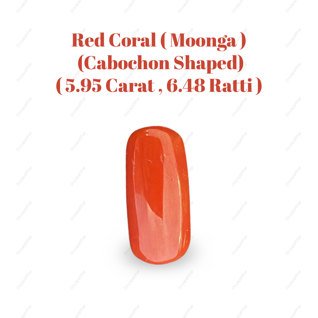Natural Red Coral (Moonga) Gemstone – Cabochon Shape (5.95 Carat | 6.48 Ratti | 14.9 × 6.9 × 7.0 mm)
