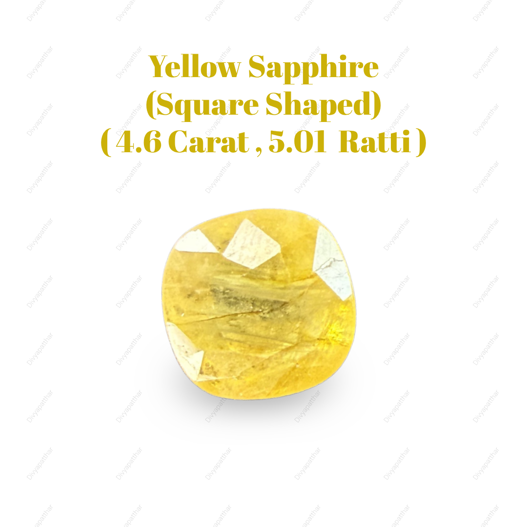 Natural Yellow Sapphire (Pukhraj) Gemstone – Square Shape (4.60 Carat | 5.01 Ratti | 9.3 × 8.9 × 5.7 mm)