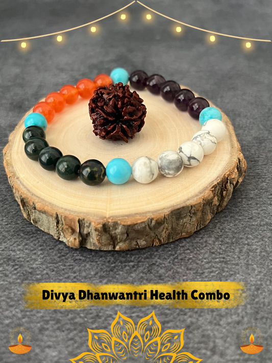 DIVYA DHANWANTRI – HEALTH COMBO ( Health & Healing Bracelet + Energised 5 Mukhi Rudraksha )