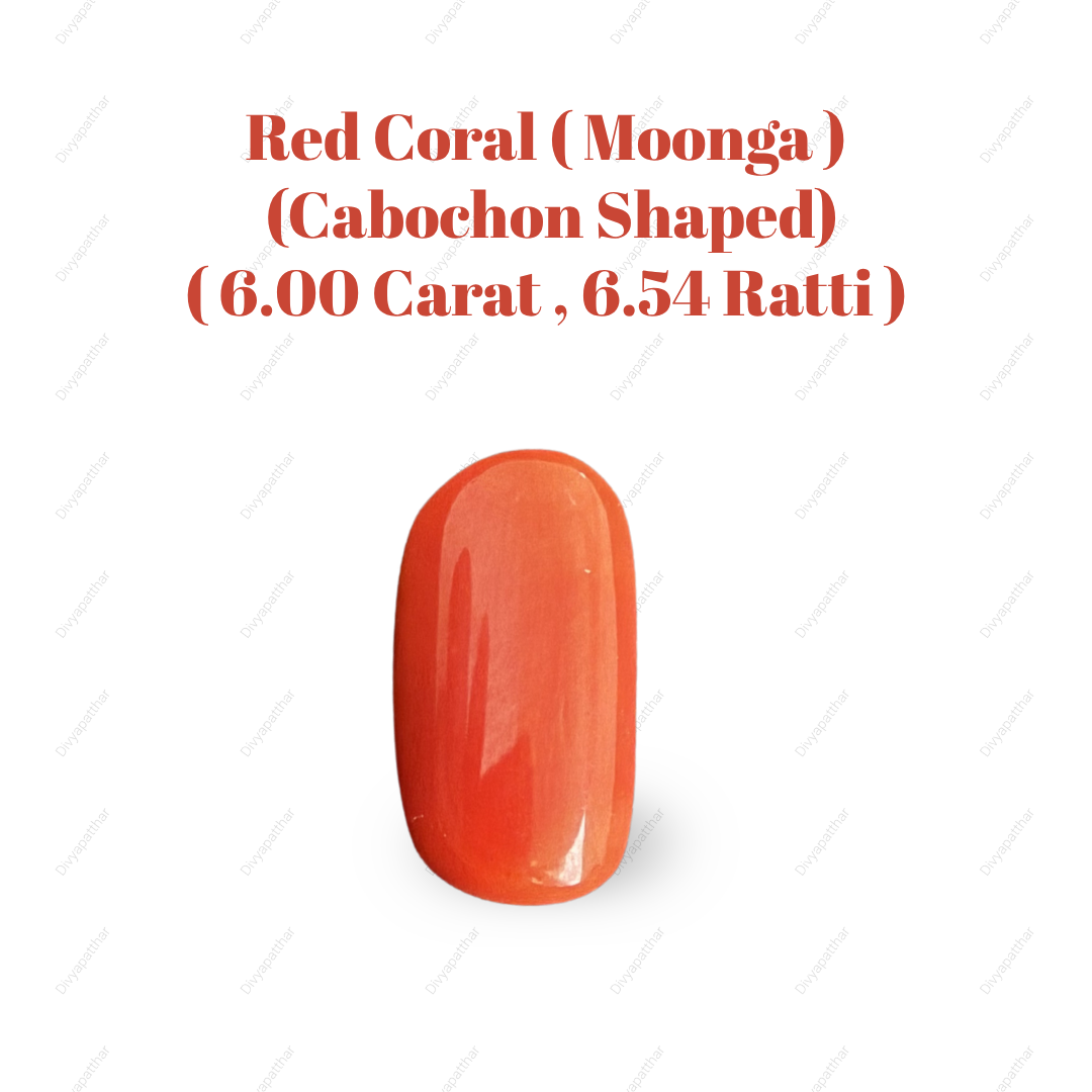 Natural Red Coral (Moonga) Gemstone – Cabochon Shape (6.00 Carat | 6.54 Ratti | 15.9 × 8.5 × 5.4 mm)
