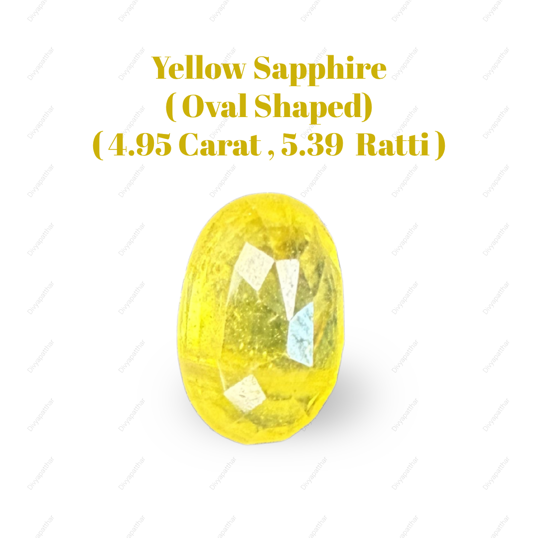 Natural Yellow Sapphire (Pukhraj) Gemstone – Oval Shape (4.95 Carat | 5.39 Ratti | 11.2 × 7.1 × 6.6 mm)