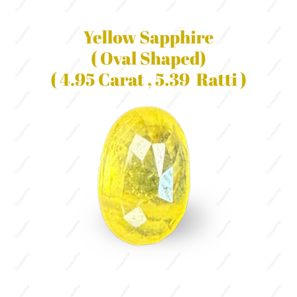 Natural Yellow Sapphire (Pukhraj) Gemstone – Oval Shape (4.95 Carat | 5.39 Ratti | 11.2 × 7.1 × 6.6 mm)