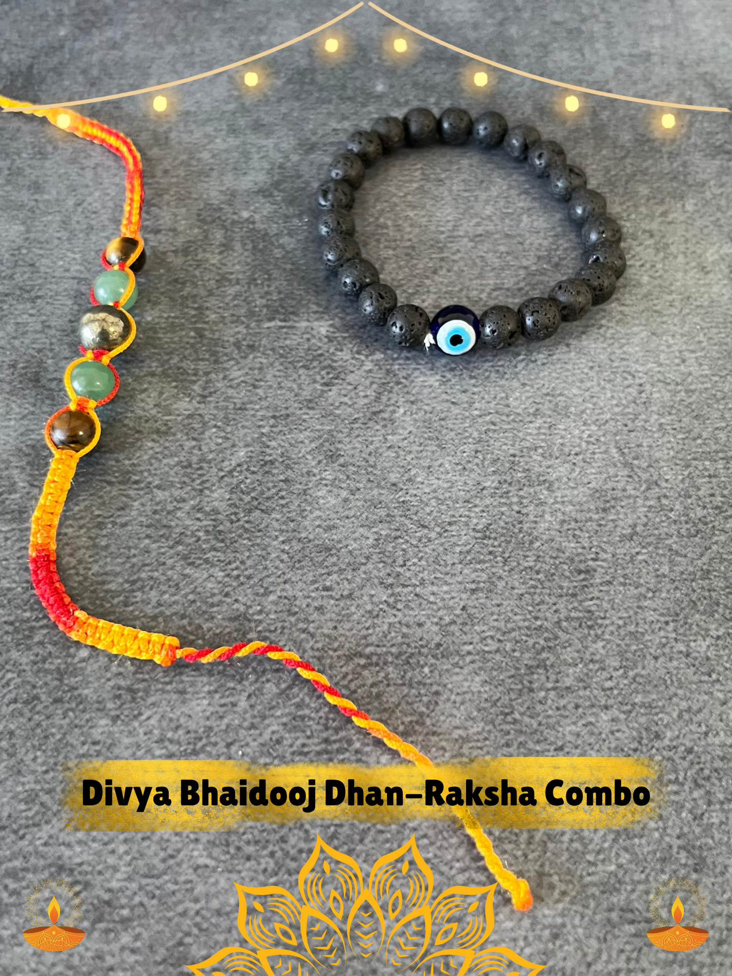 DIVYA BHAIDOOJ DHAN-RAKSHA COMBO ( Divya Dhan-Vriddhi Kalawa + Evil Eye Lava Bracelet )