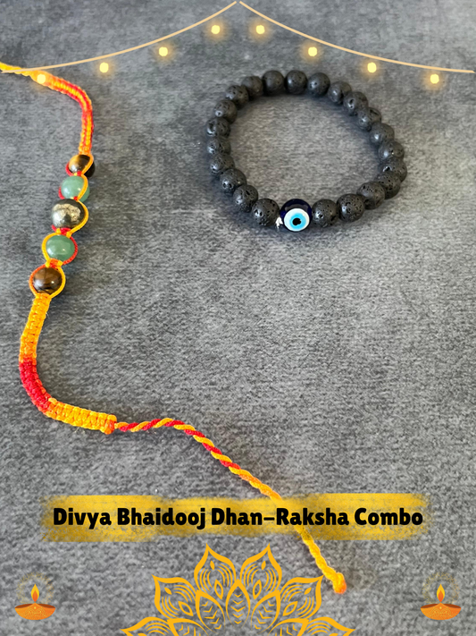 DIVYA BHAIDOOJ DHAN-RAKSHA COMBO ( Divya Dhan-Vriddhi Kalawa + Evil Eye Lava Bracelet )