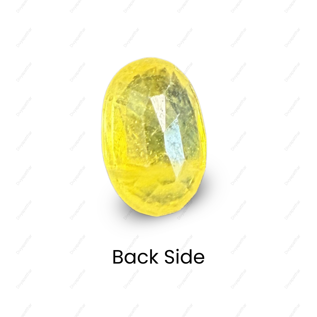 Natural Yellow Sapphire (Pukhraj) Gemstone – Oval Shape (4.95 Carat | 5.39 Ratti | 11.2 × 7.1 × 6.6 mm)