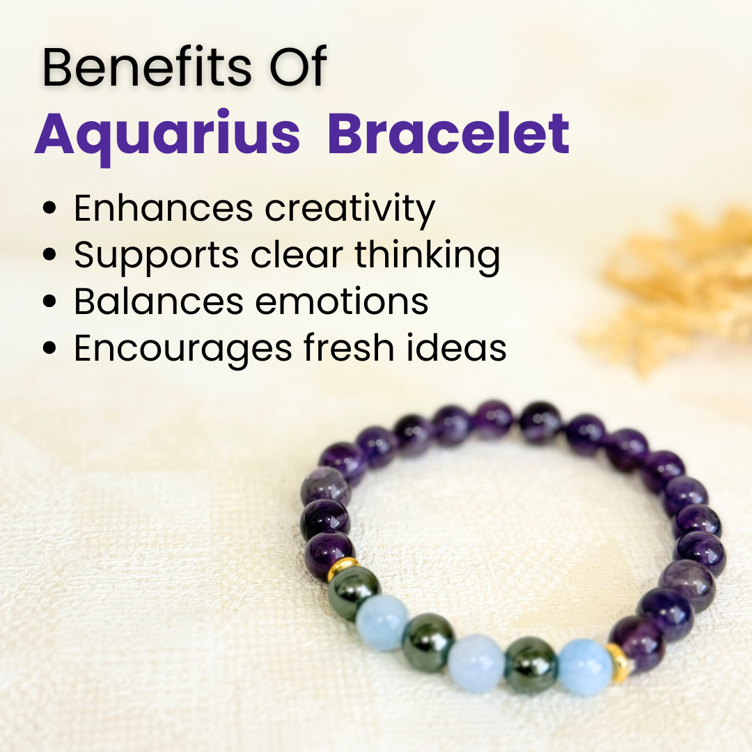 Aquarius (कुंभ राशि) Zodiac Amethyst, Aquamarine & Hematite Bracelet