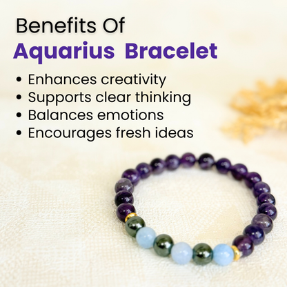 Aquarius (कुंभ राशि) Zodiac Amethyst, Aquamarine & Hematite Bracelet