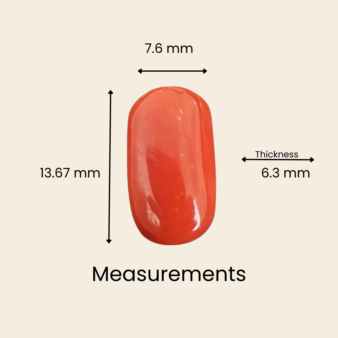 Natural Red Coral (Moonga) Gemstone – Cabochon Shape (5.55 Carat | 6.05 Ratti | 13.67 × 7.6 × 6.3 mm)