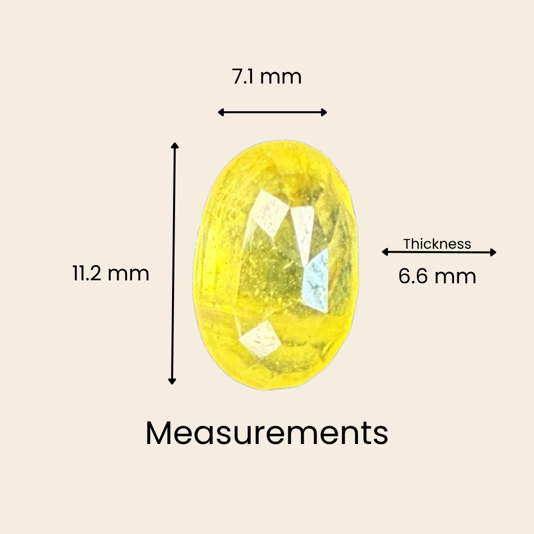 Natural Yellow Sapphire (Pukhraj) Gemstone – Oval Shape (4.95 Carat | 5.39 Ratti | 11.2 × 7.1 × 6.6 mm)