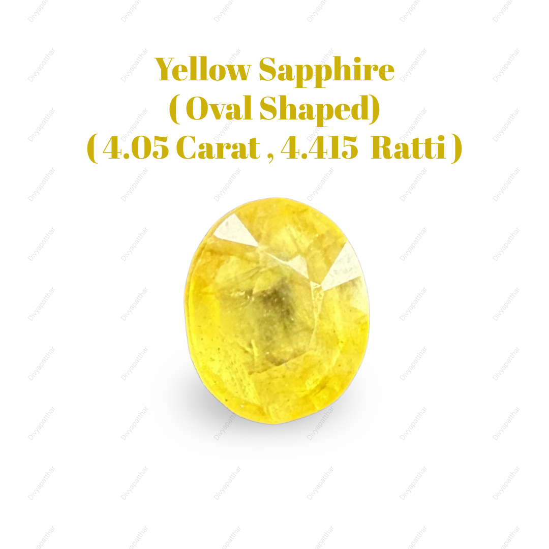 Natural Yellow Sapphire (Pukhraj) Gemstone – Oval Shape (4.05 Carat | 4.415 Ratti | 9.7 × 7.9 × 5.7 mm)