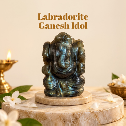 Natural Labradorite Ganesh Idol (94.39 Gram | LBH: 6.3 × 2 × 4.2 cm)