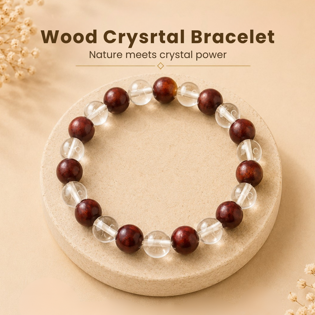 NATURAL WOOD & CLEAR QUARTZ BRACELET (GROUNDING & CLARITY)