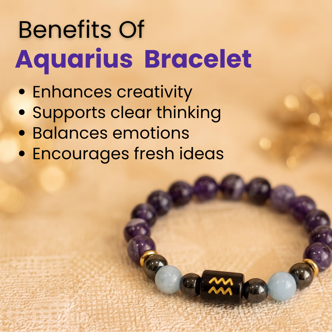 Aquarius (कुंभ राशि) Zodiac Amethyst, Aquamarine & Hematite Bracelet