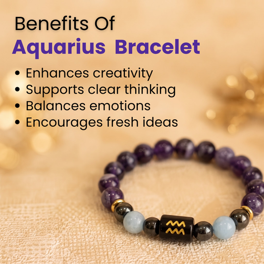 Aquarius (कुंभ राशि) Zodiac Amethyst, Aquamarine & Hematite Bracelet