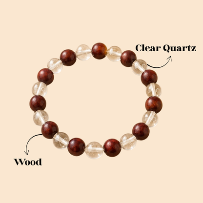 NATURAL WOOD & CLEAR QUARTZ BRACELET (GROUNDING & CLARITY)