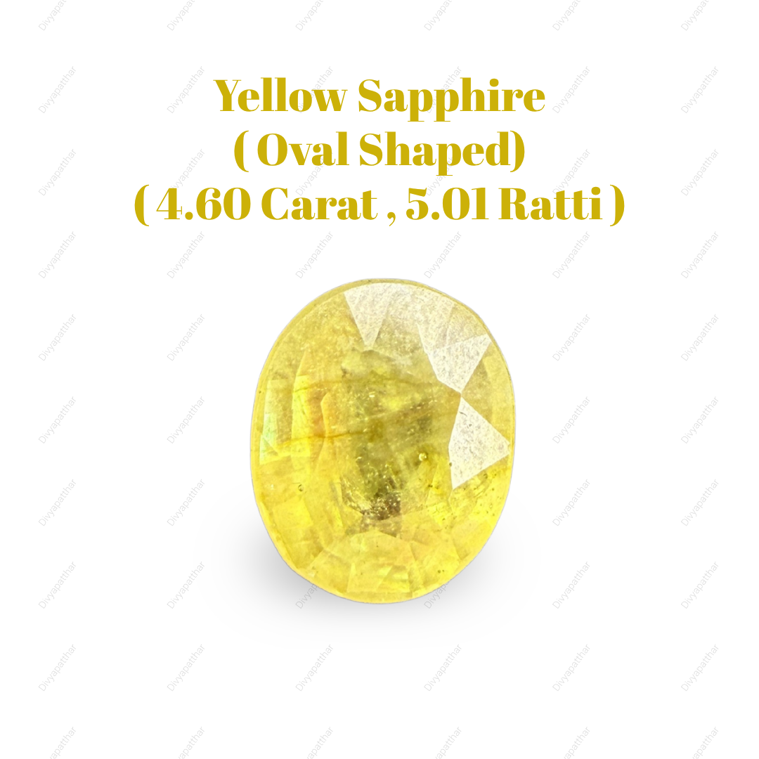 Natural Yellow Sapphire (Pukhraj) Gemstone – Oval Shape (4.60 Carat | 5.01 Ratti | 10.6 × 8.8 × 5.3 mm)