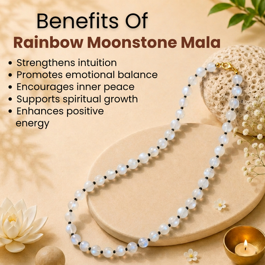 Rainbow Moonstone Mala – Intuition, Emotional Balance & New Beginnings
