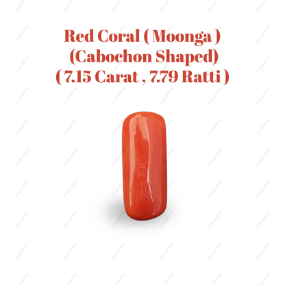 Natural Italian Red Coral (Moonga) Gemstone – Cabochon Shape (7.15 Carat | 7.79 Ratti | 16.8 × 7.0 × 7.1 mm)