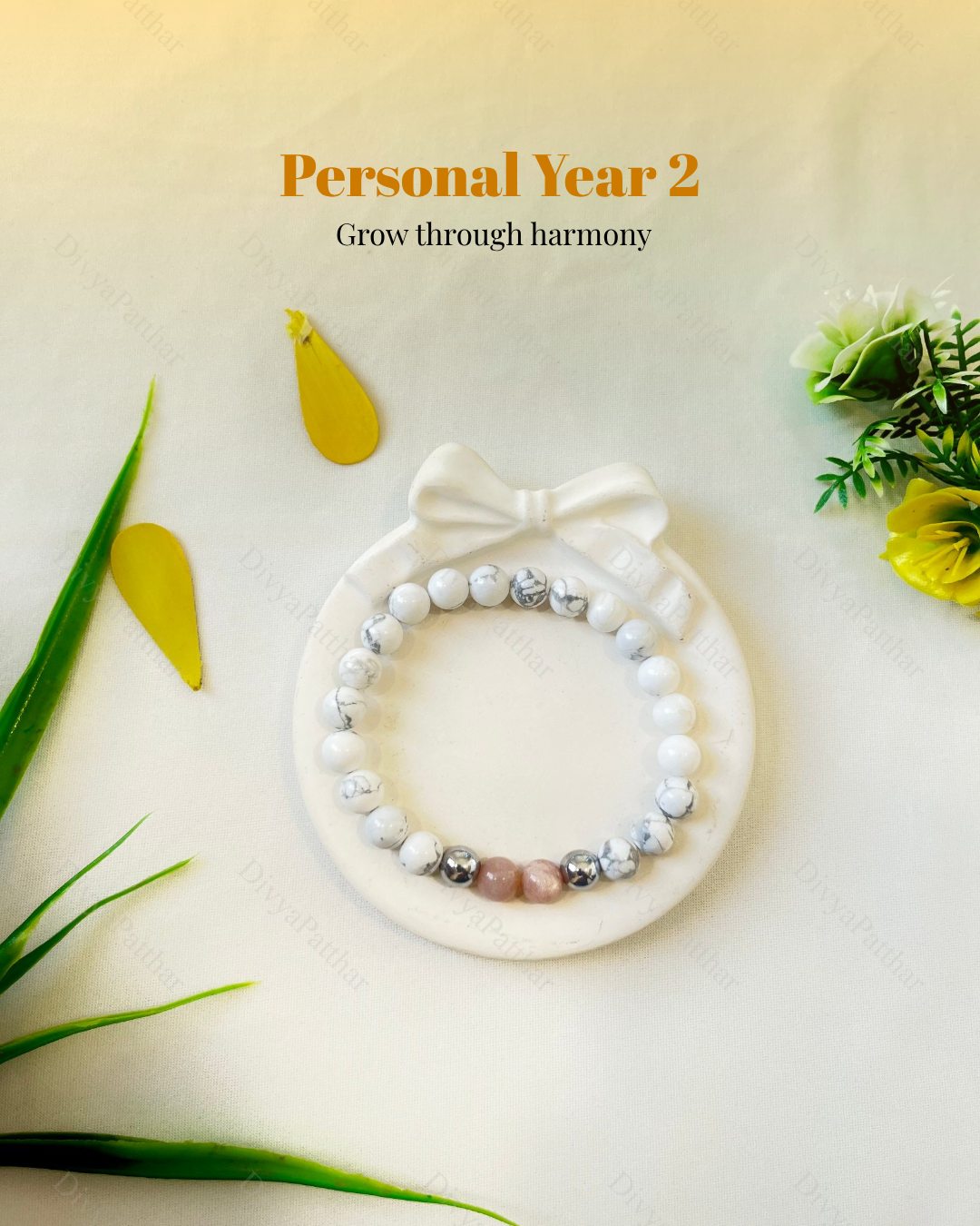 PERSONAL YEAR 2 BRACELET (Howlite • Peach Moonstone • Silver Pyrite)
