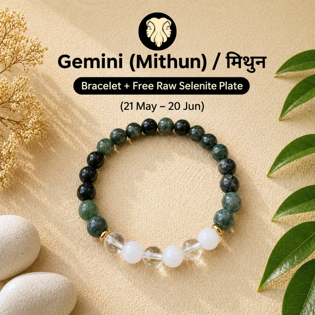 Gemini (मिथुन राशि) Zodiac Green Moss, Milky Quartz & Clear Quartz Bracelet