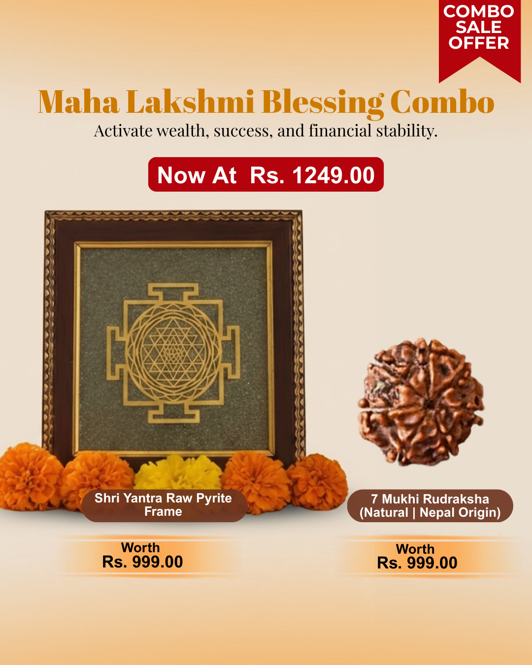 Maha Lakshmi Blessing Combo – (Shri Yantra Frame & 7 Mukhi Rudraksha)
