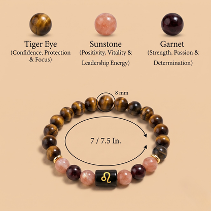 Leo (सिंह राशि) Zodiac Tiger Eye, Sunstone & Garnet Bracelet