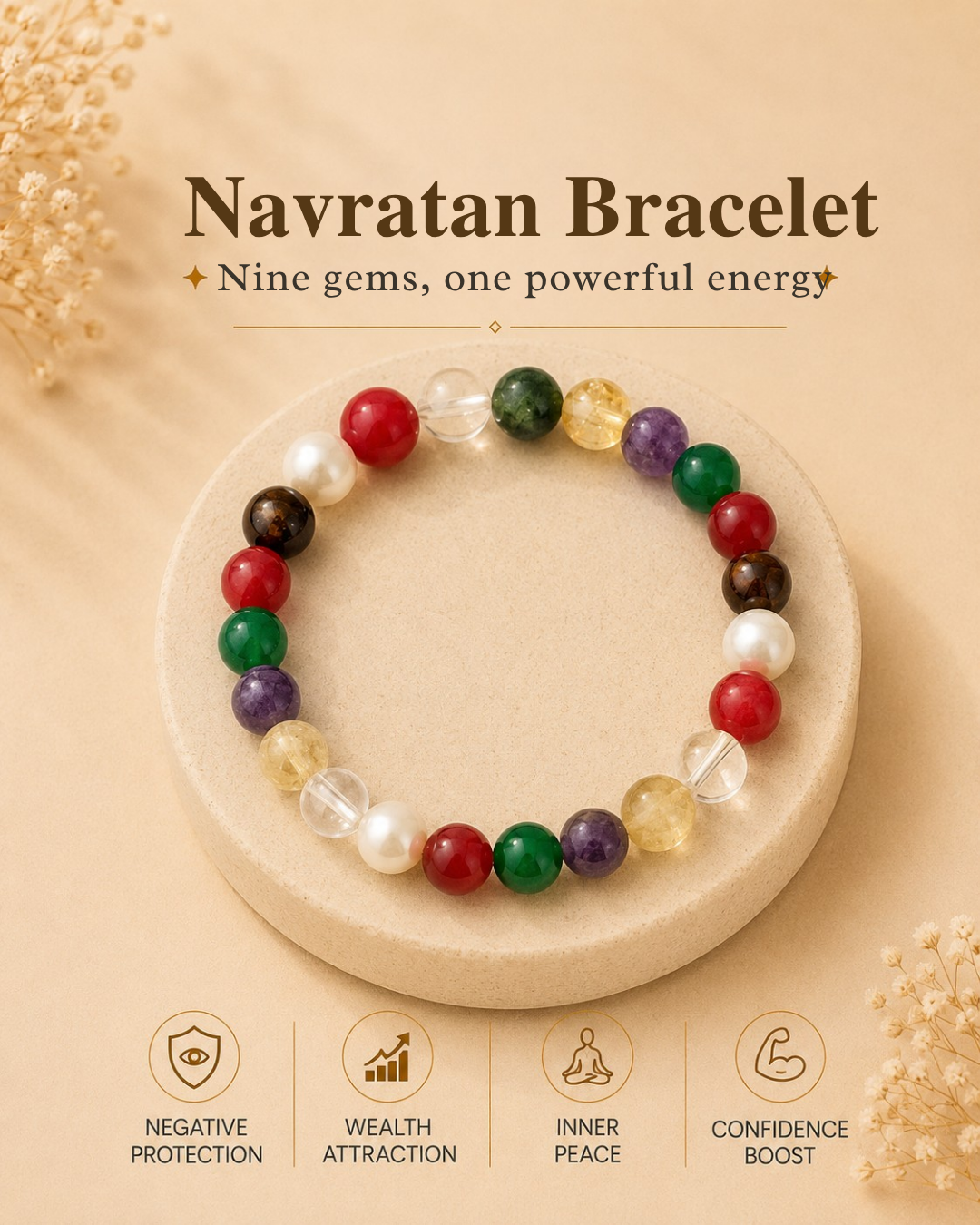 NATURAL NAVRATAN MULTI-POWER BRACELET (ENERGY, BALANCE & SUCCESS)