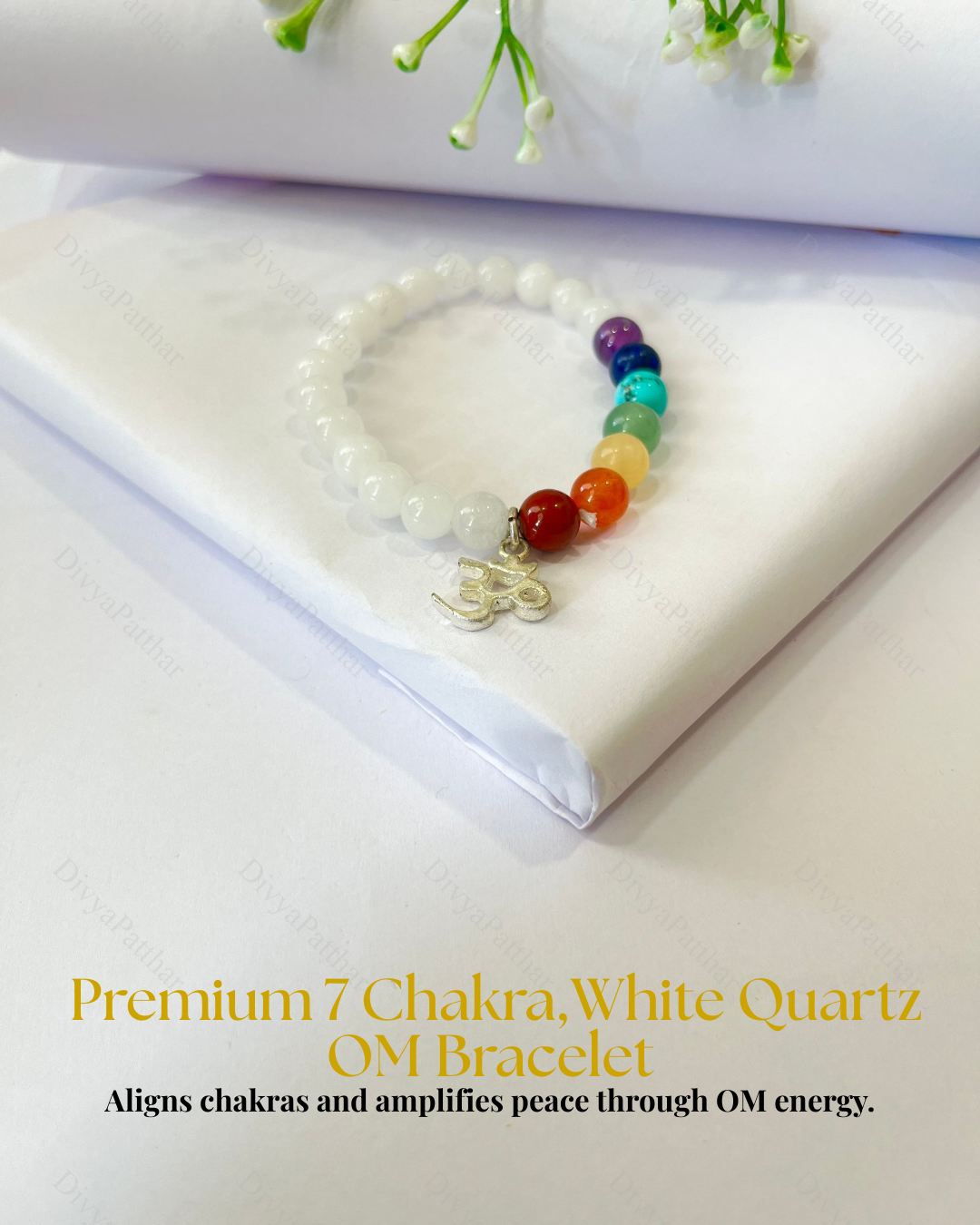 Premium 7 Chakra White Quartz OM Bracelet (Balance, Healing & Spiritual Confidence)