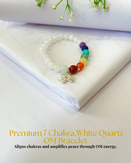 Premium 7 Chakra White Quartz OM Bracelet (Balance, Healing & Spiritual Confidence)