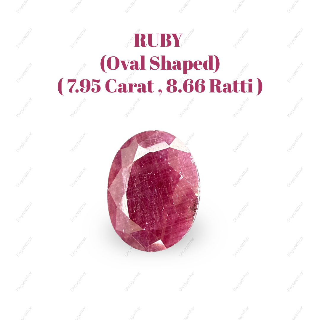 Natural Ruby (Manik) Gemstone – Oval Shape (7.95 Carat | 8.66 Ratti | 13.5 × 10.7 × 5.2 mm)
